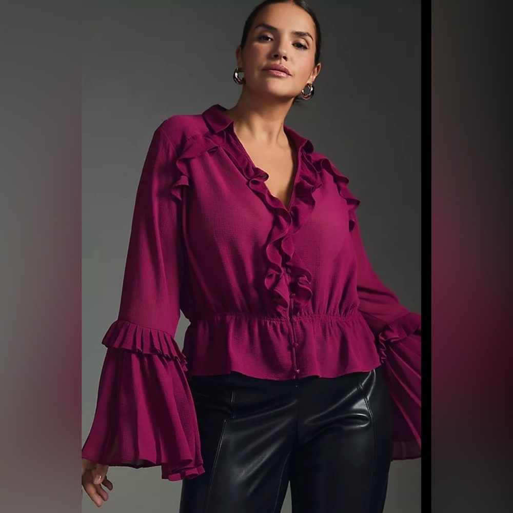 Anthropologie Magenta Pink‎ Ruffle Bell Sleeve Cropped Top XS